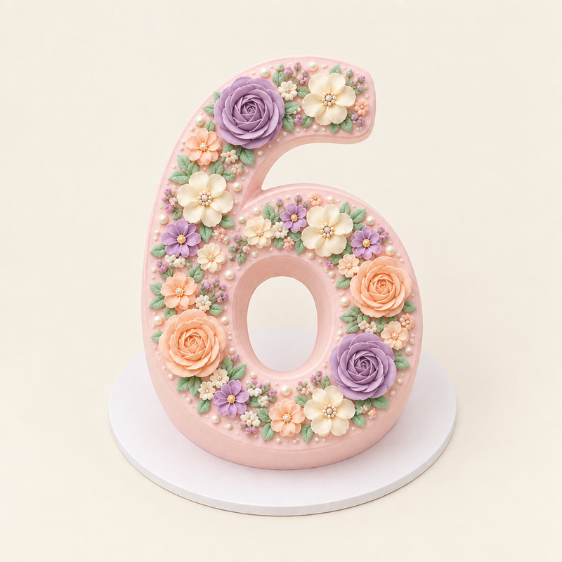 Front view of pastel floral number cake shaped as number 6