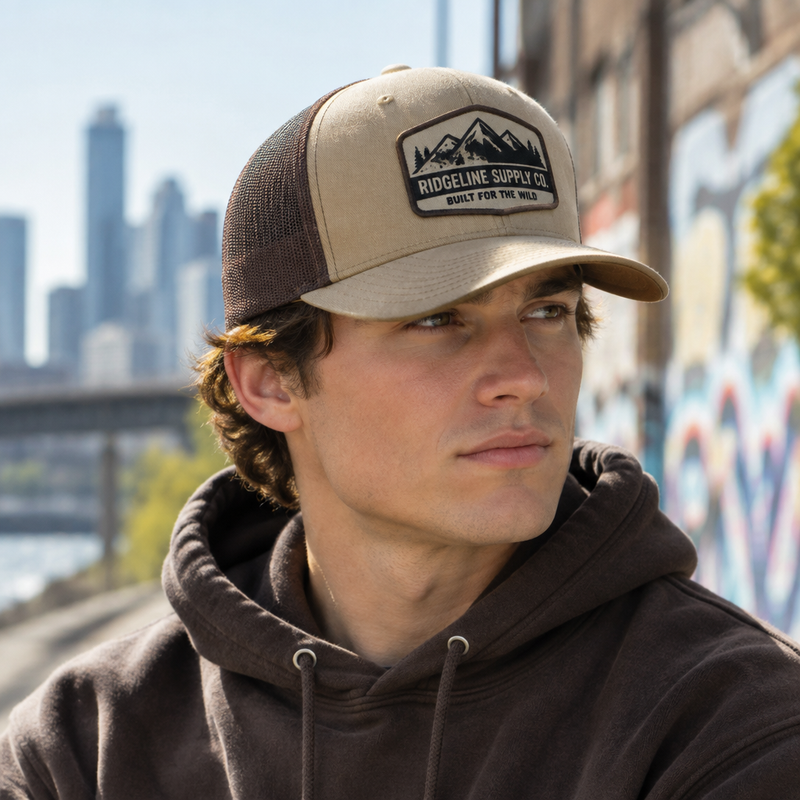 Person wearing custom khaki trucker cap outdoors