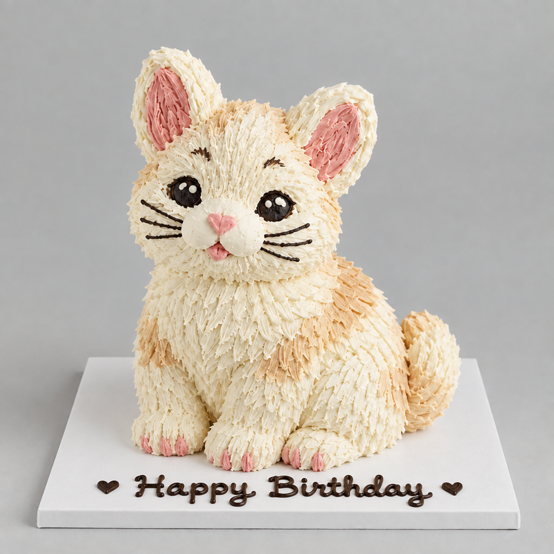 3D kitten buttercream cake with Happy Birthday piped on its cake board