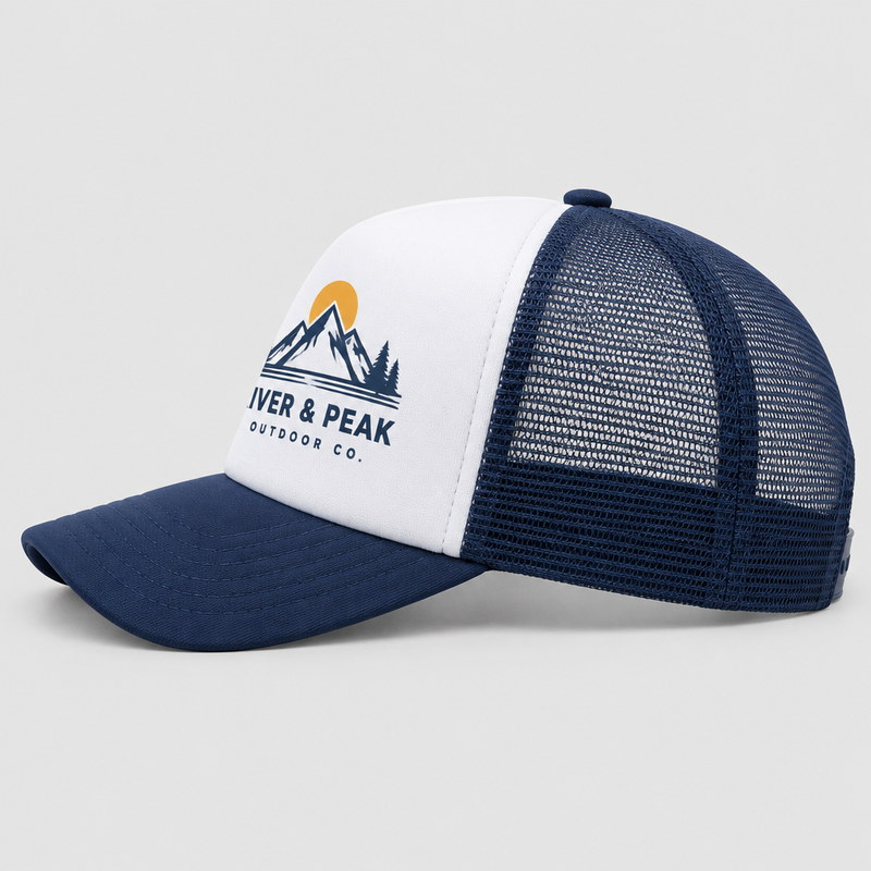 Custom trucker cap white and navy side view