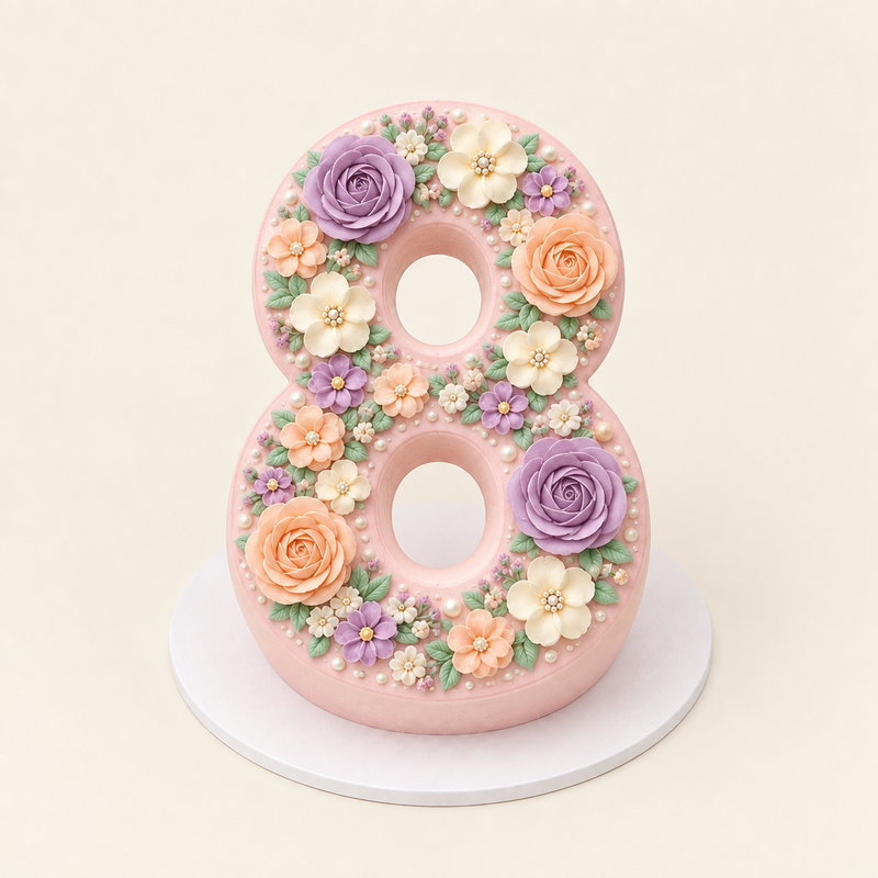 Front view of pastel floral number cake shaped as number 8