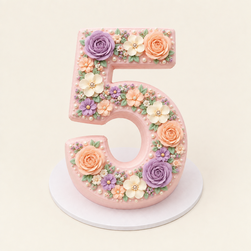 Front view of pastel floral number cake shaped as number 5