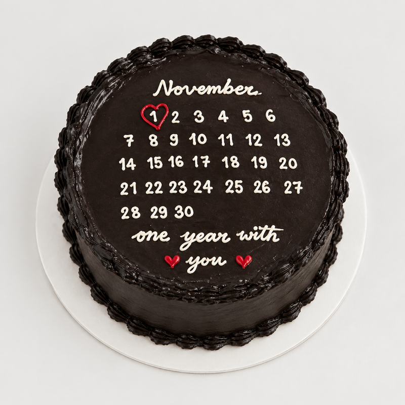 Illustrative angled view of black anniversary calendar cake