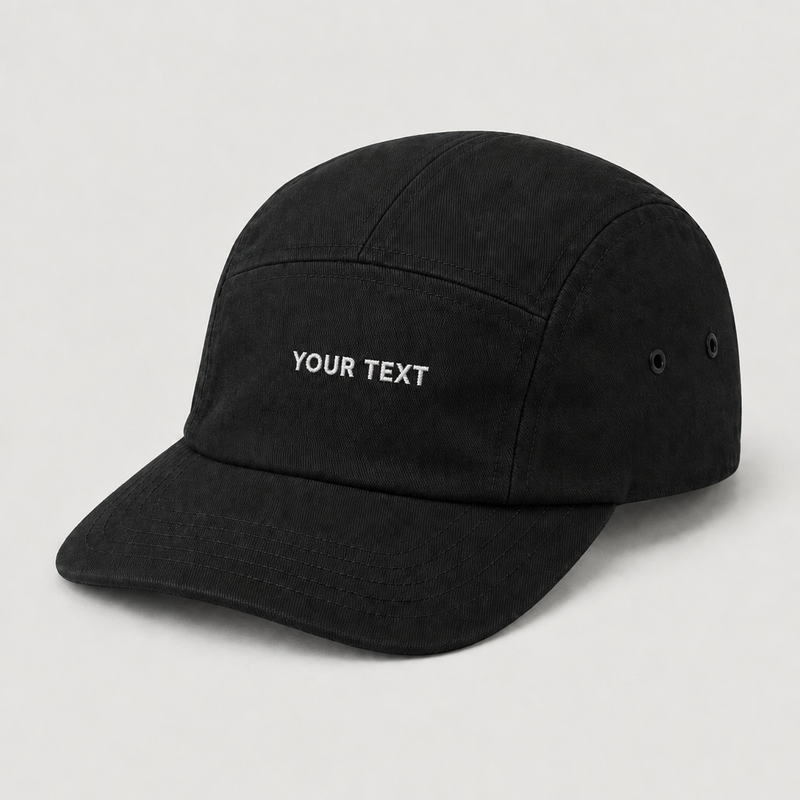 Black five-panel cap with YOUR TEXT embroidered on the front as a personalization example