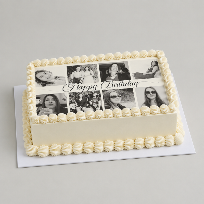 Rectangular vanilla cake with a wedding couple photo collage