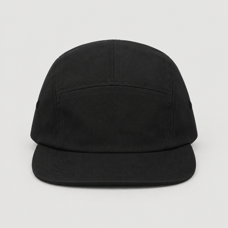 Plain black five-panel cap, front view, without text