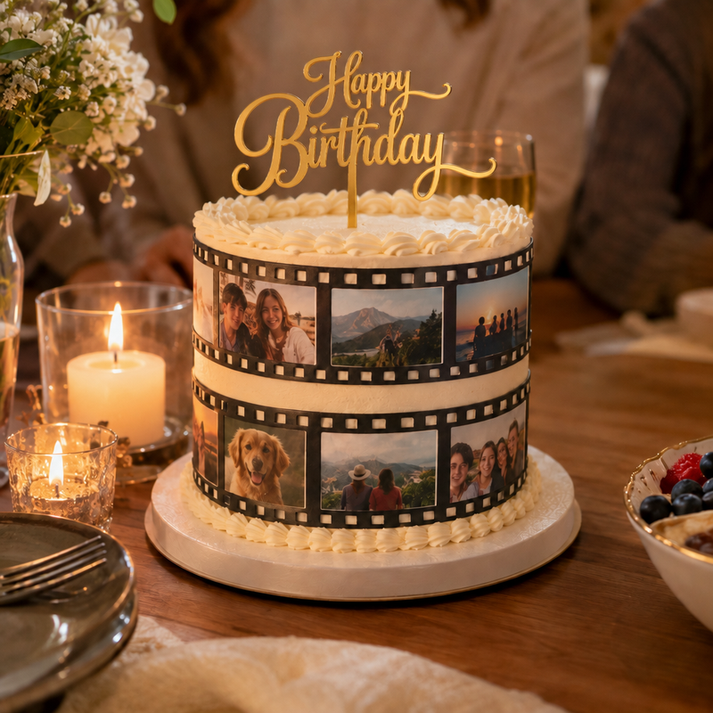 Concept celebration cake with film-strip photos and gold Happy Birthday topper