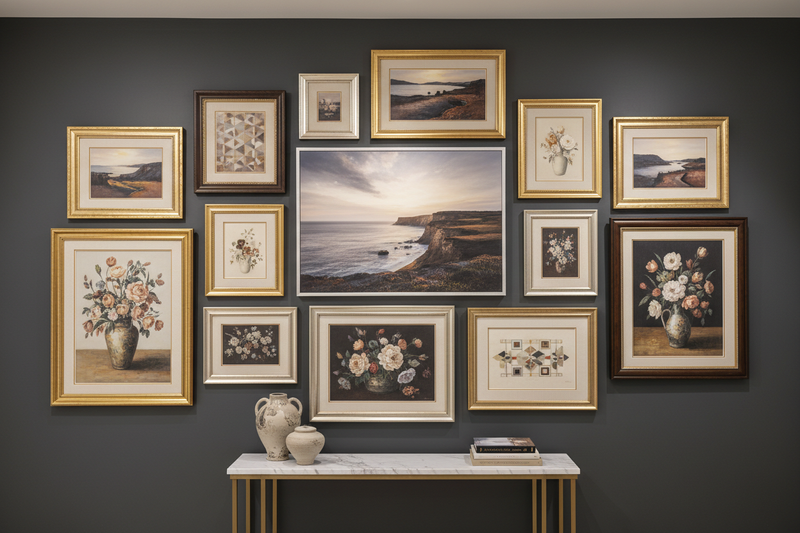 Collection of framed canvas art prints displayed on gallery wall