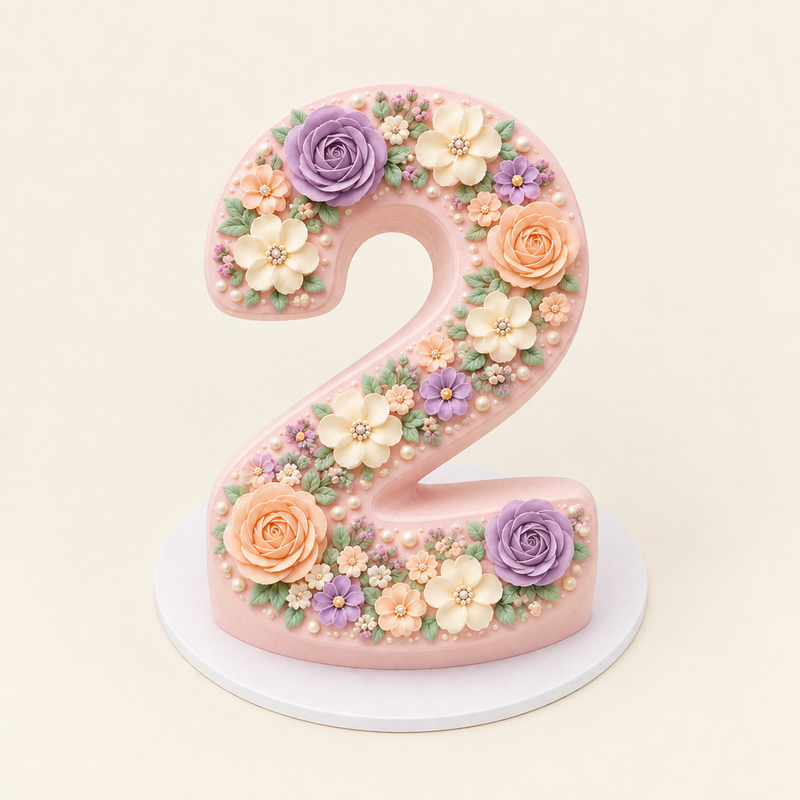 Front view of pastel floral number cake shaped as number 2