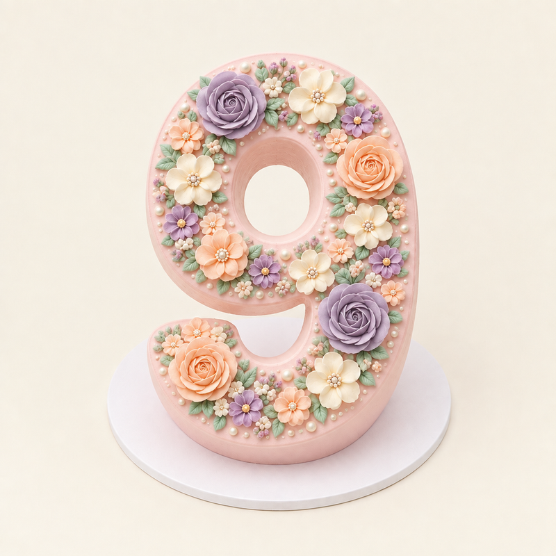 Front view of pastel floral number cake shaped as number 9