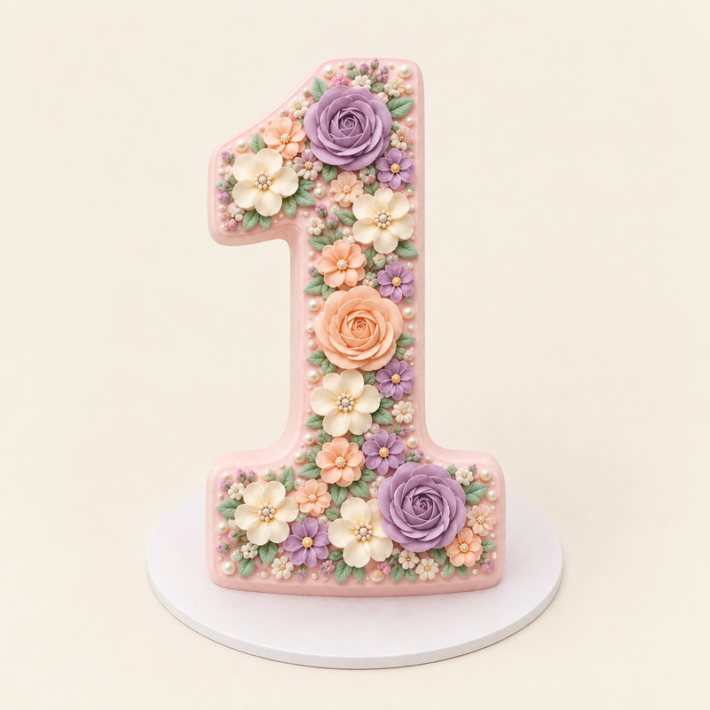 Front view of pastel floral number cake shaped as number 1
