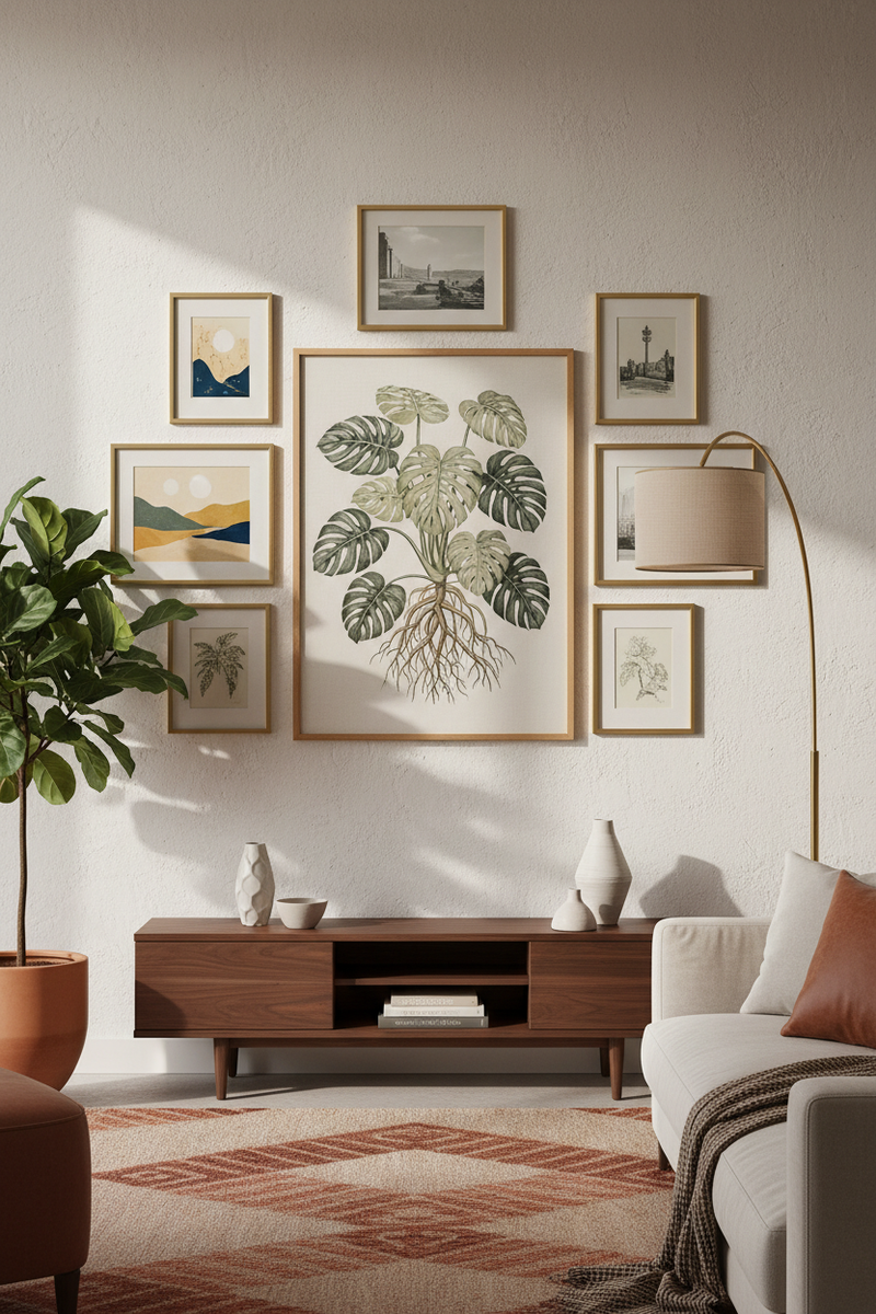 Custom framed botanical illustration in wooden frame in modern living room