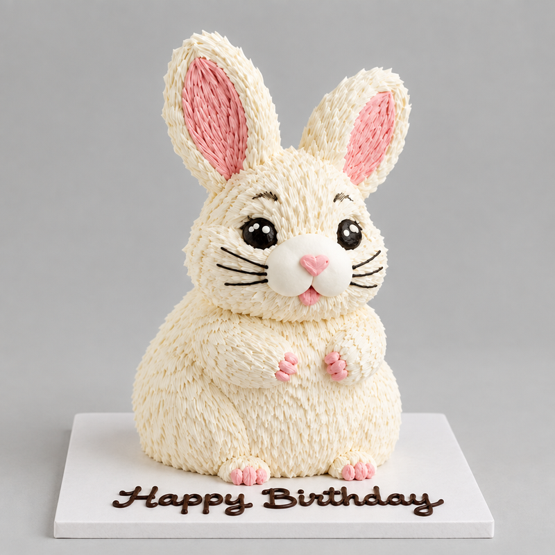 3D bunny buttercream cake with Happy Birthday piped on its cake board