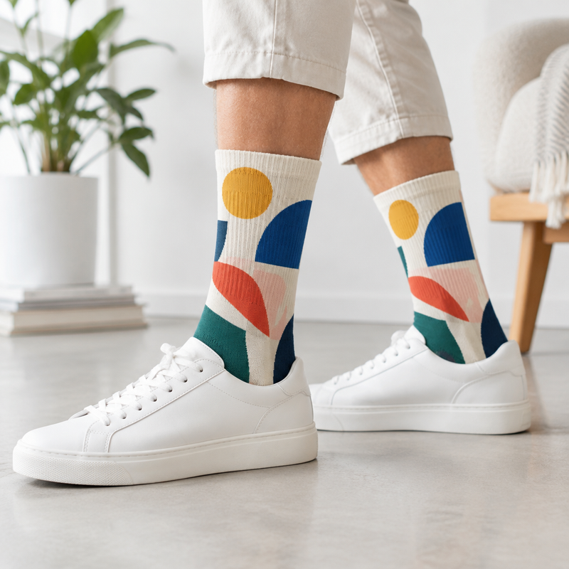 Illustrative custom socks worn with sneakers