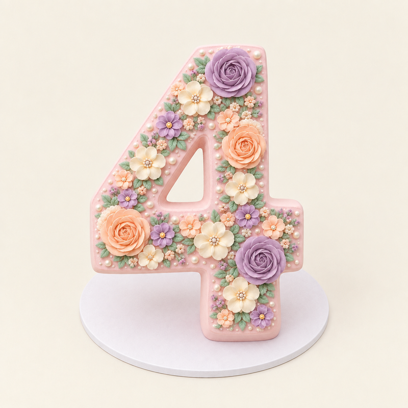Front view of pastel floral number cake shaped as number 4