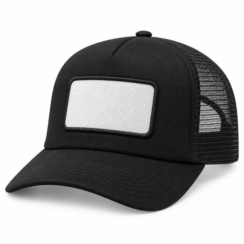Custom trucker cap black front three-quarter view