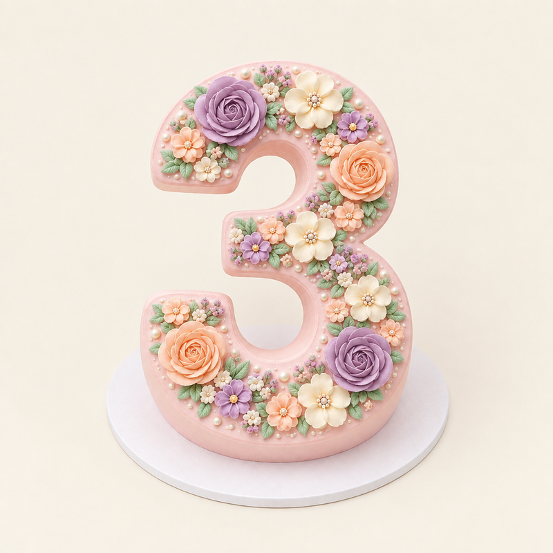 Front view of pastel floral number cake shaped as number 3