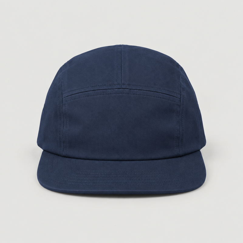 Plain navy five-panel cap, front view, without text