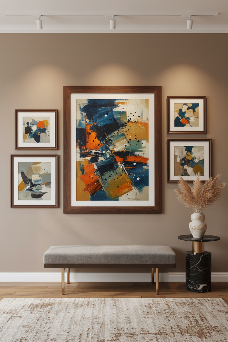 Fine art abstract print in dark walnut frame with gallery lighting